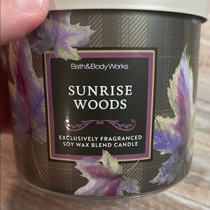 Bath & Body Works Sunrise Woods Candle with Purple and Cream Leaves